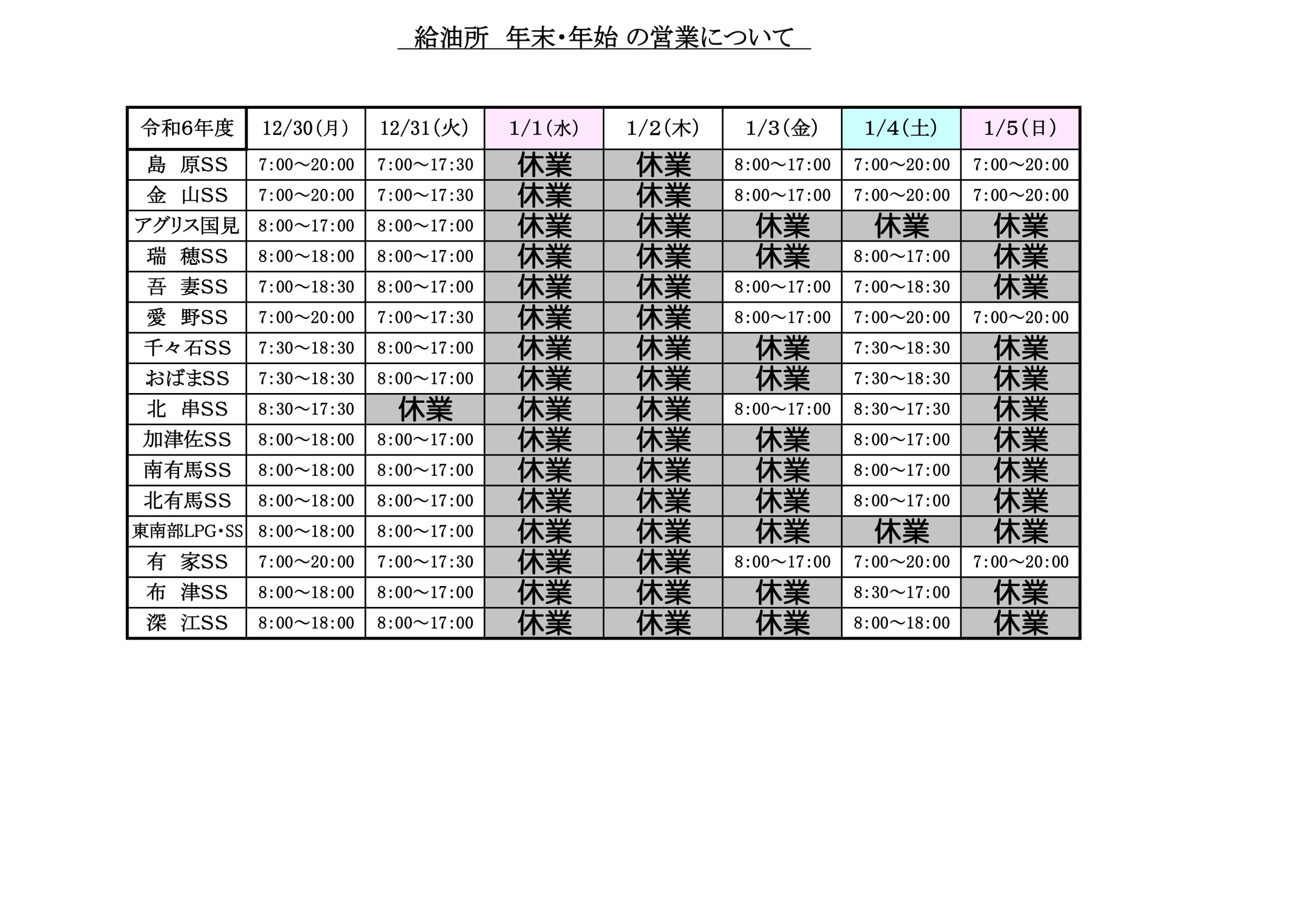 給油所　年末・年始の営業について